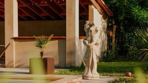 Un bâtiment doté d’un patio couvert, d’une statue et d’un petit palmier.