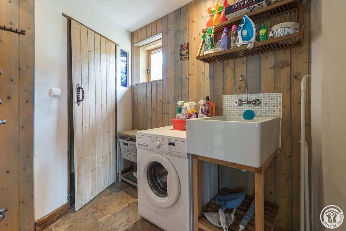 Une buanderie équipée d’un lave-linge, d’un évier et d’étagères contenant des produits de nettoyage.