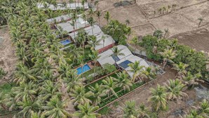 Vista aérea de un resort con varias edificaciones, palmeras y una piscina.