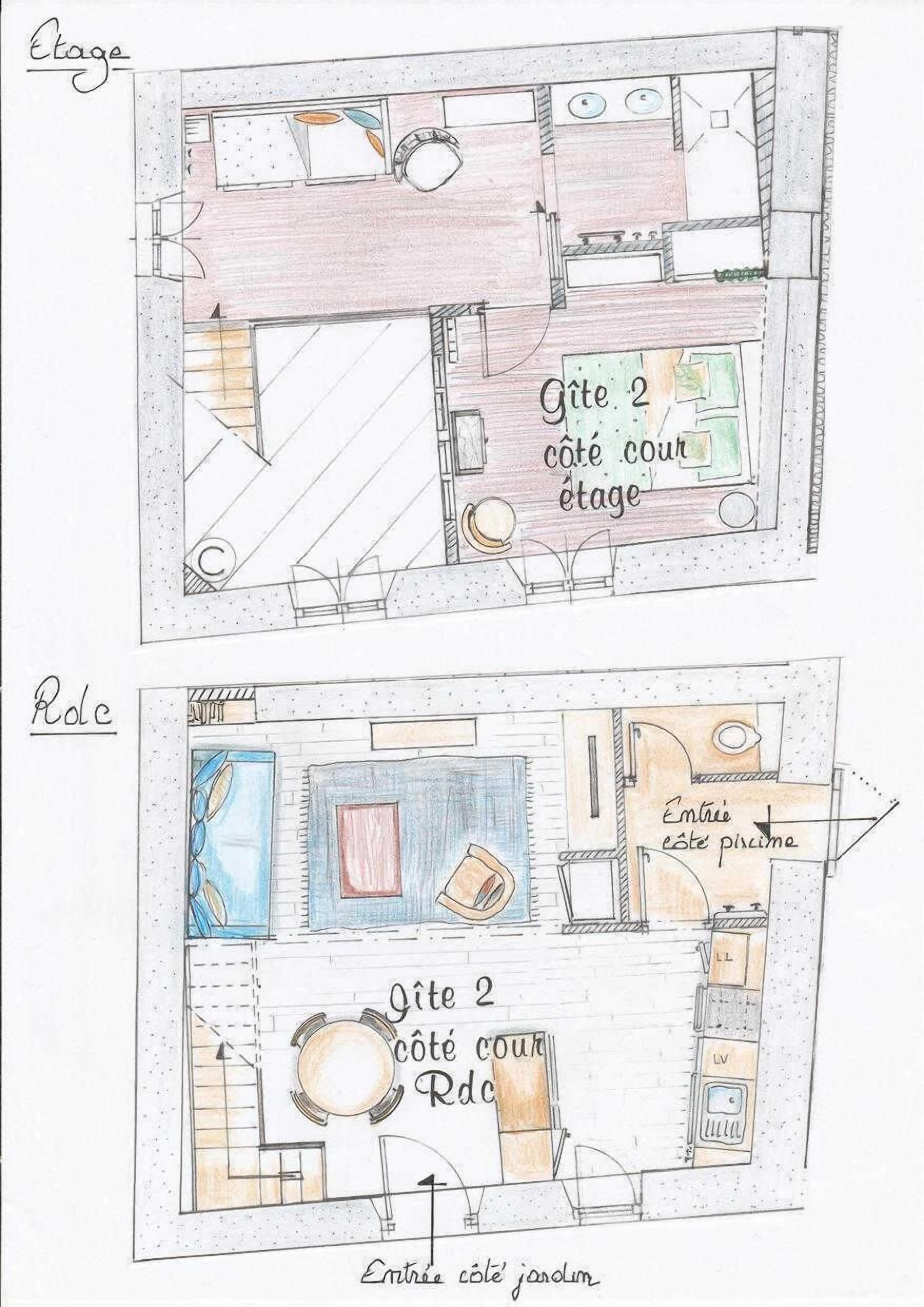 Grundrisse eines Hotels mit zwei Schlafzimmern, einem Badezimmer, einer Küche und Zugang zu einem Garten.
