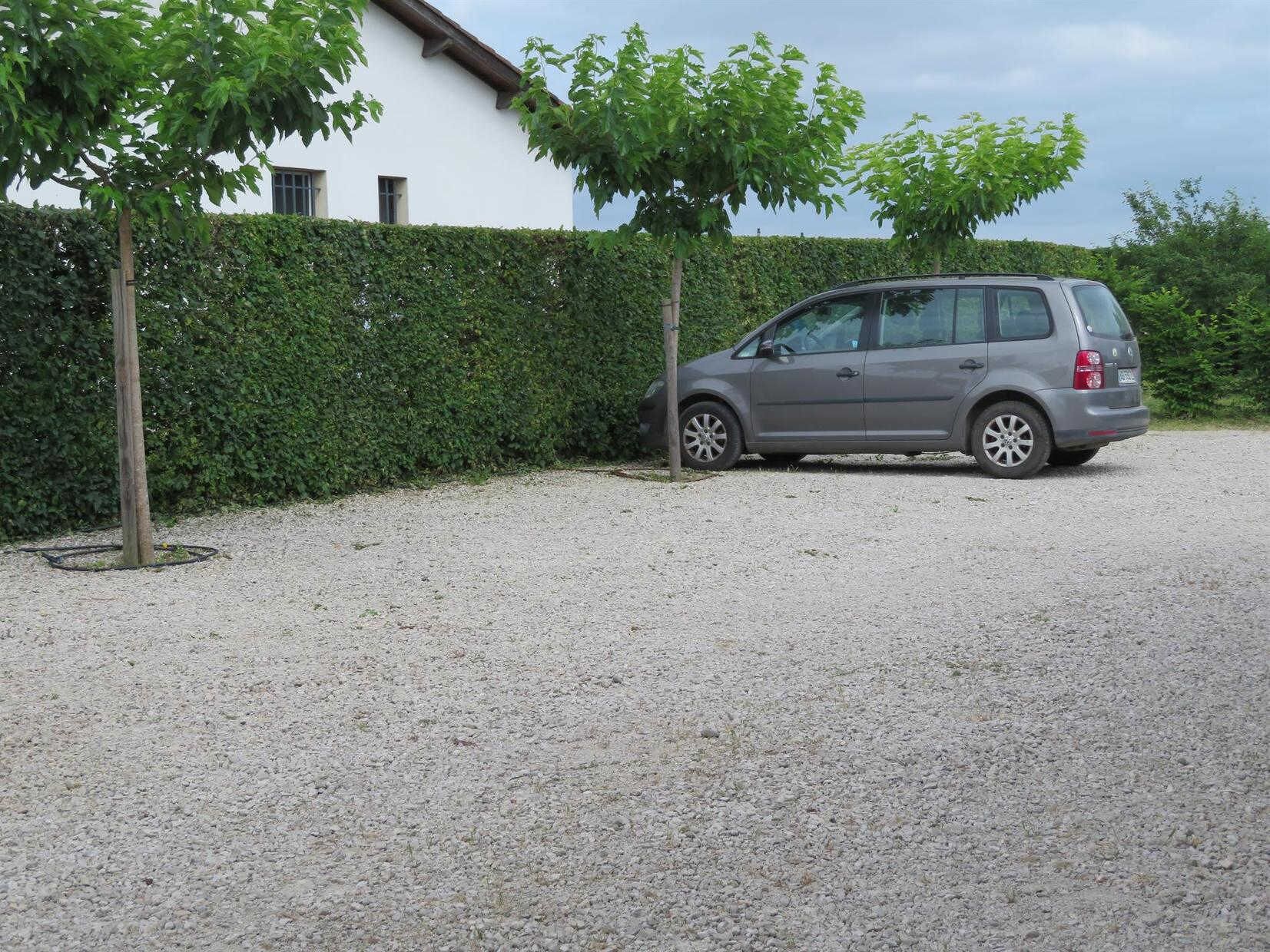 A car parked in a gravel driveway with a white building and a hedge in the background.