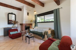 Una televisión, una chimenea, libros