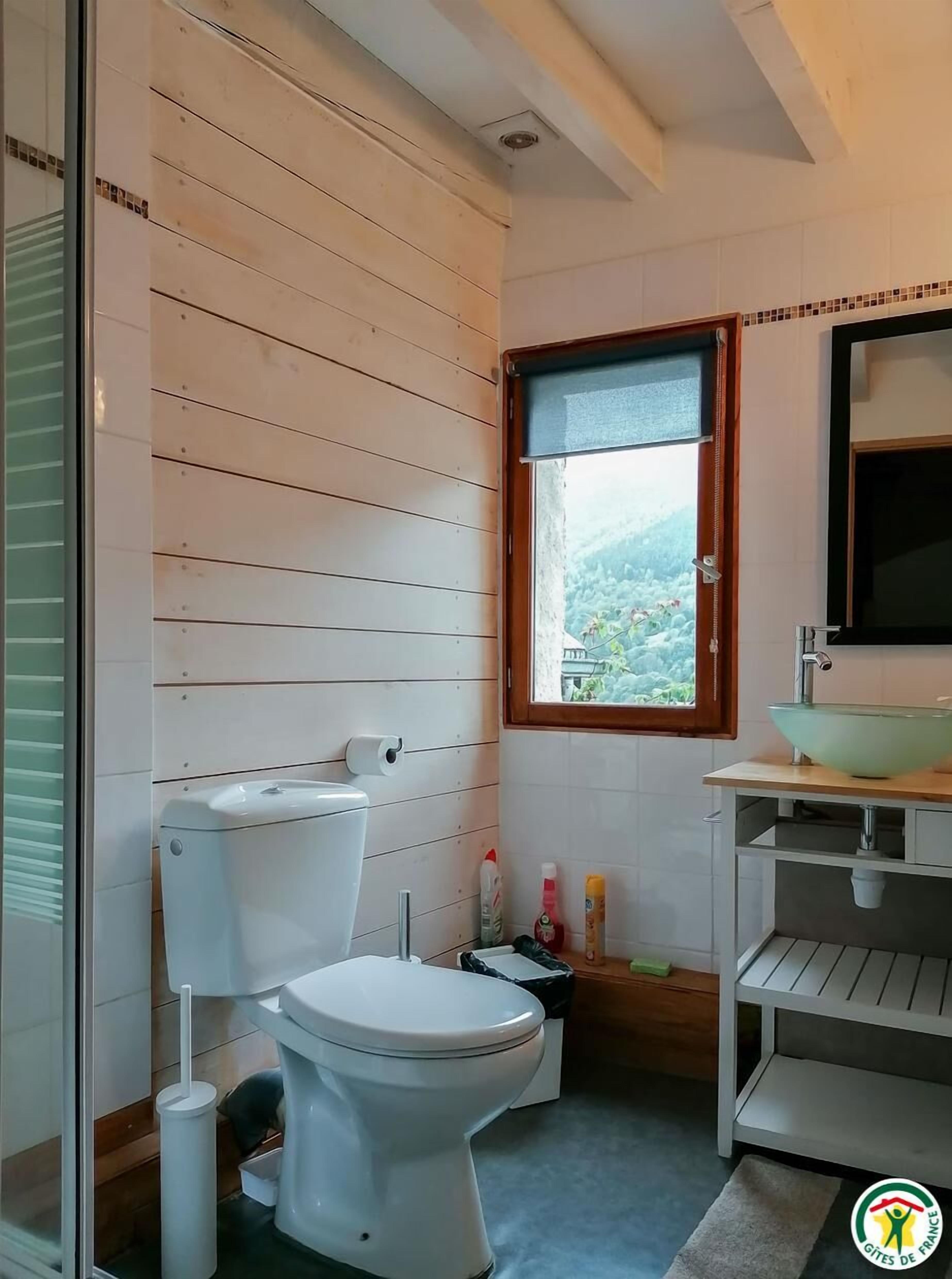 Ein Badezimmer mit Toilette, Waschbecken und Fenster mit Blick auf Grünfläche.