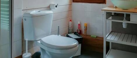 Ein Badezimmer mit Toilette, Waschbecken und Fenster mit Blick auf Grünfläche.