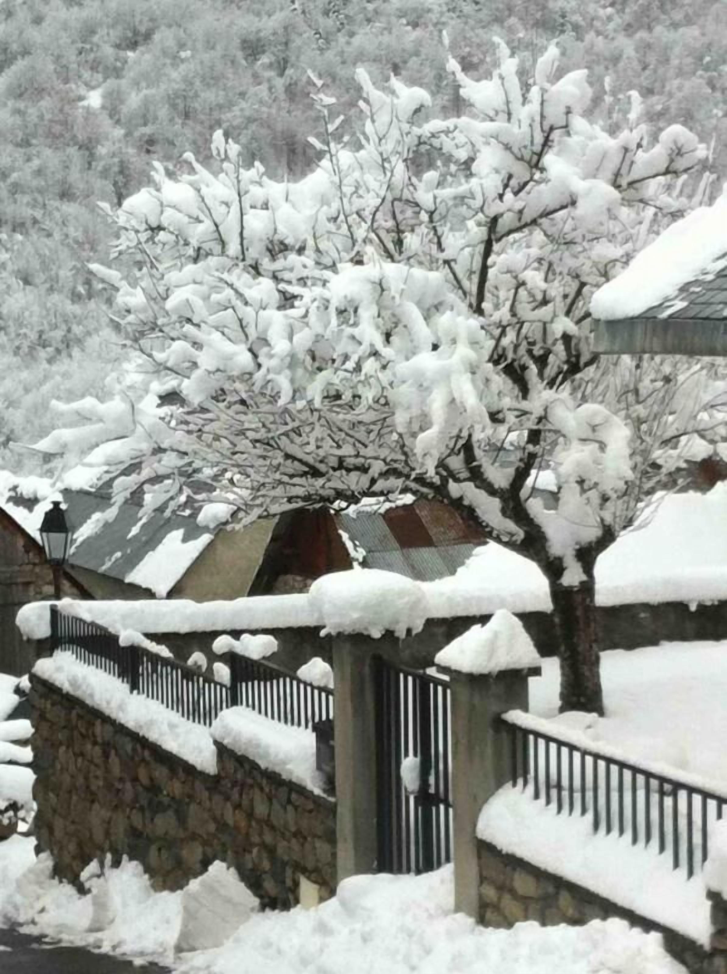 A snow-covered landscape with a stone wall, a metal fence, and a building with a sloped roof.