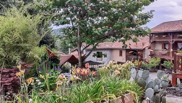 Un jardin avec différentes plantes et fleurs, une terrasse en bois et un bâtiment doté d’un toit en tuiles.