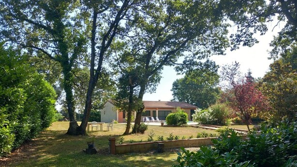 Una casa con césped, piscina y jardín.