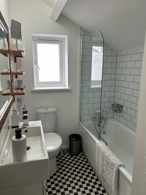 Hair dryer, towels, soap, toilet paper