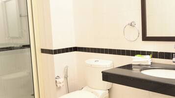 Shower, bathrobes, slippers, towels