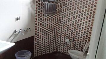 Shower, towels, soap, toilet paper