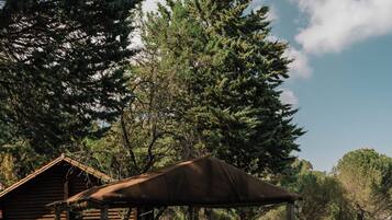 Una cabana de fusta rústica amb una paret de pedra i una banca de fusta sota una estructura metàl·lica.