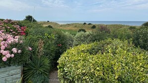 Un jardín con diversas plantas y flores, una cerca de madera y vista al mar de fondo.