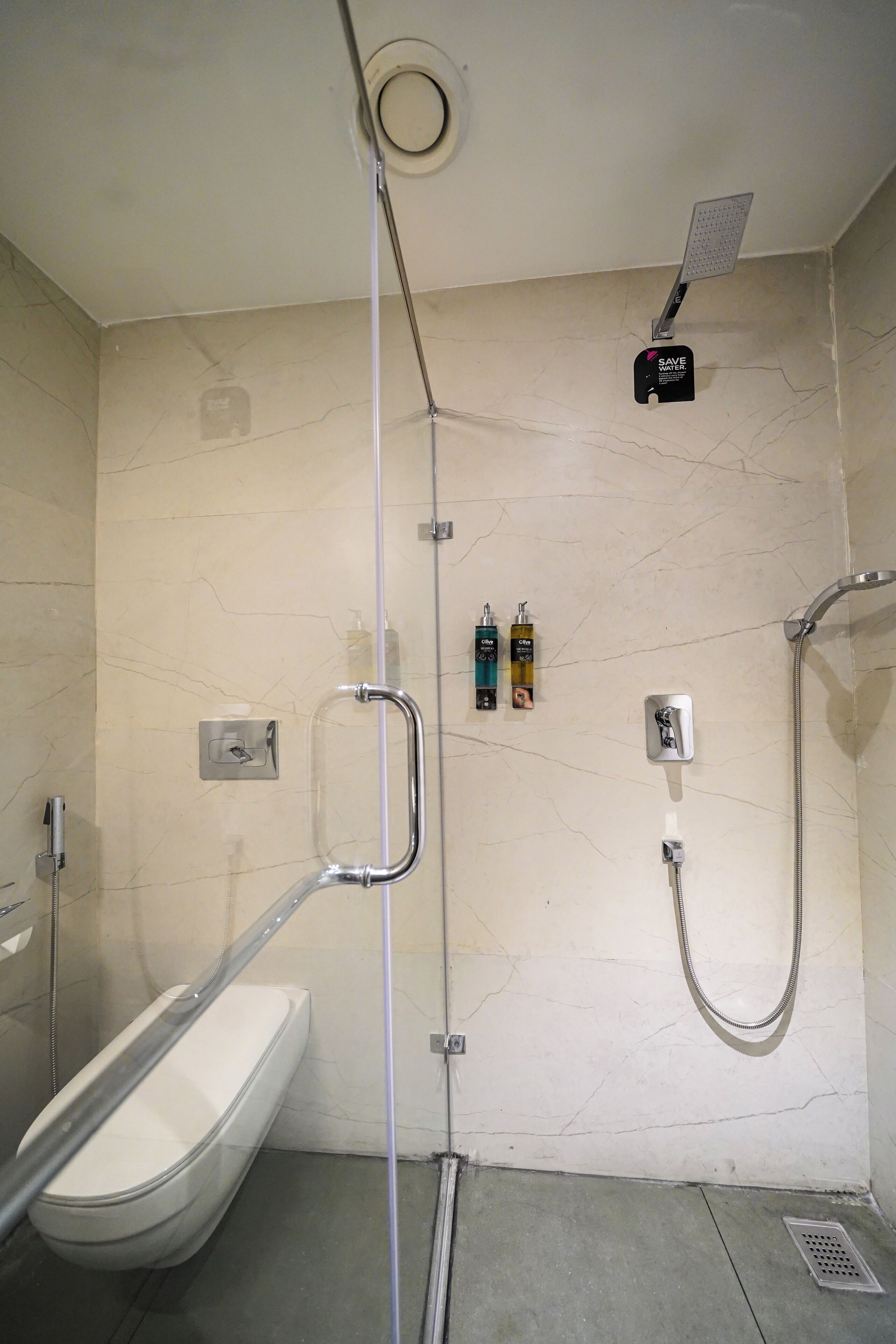 Une salle de bain moderne dotée d’une douche à parois de verre, de toilettes et d’un pommeau de douche amovible.