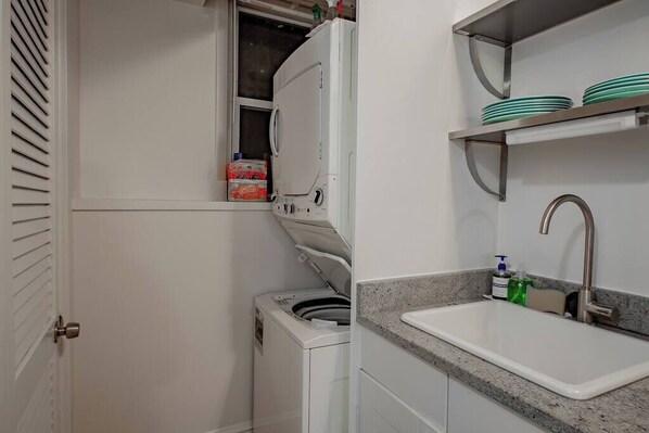 Modern kitchen with sink and shelves in DC apartment