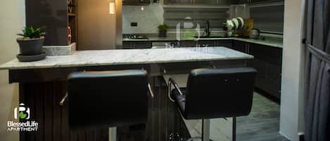 Apartment | Private kitchen | Fridge, microwave, oven, stovetop