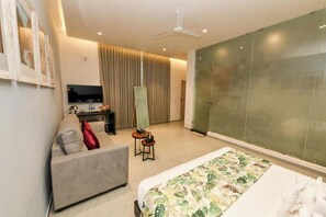1 bedroom, desk, laptop workspace, iron/ironing board
