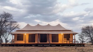 Una estructura amplia y abierta, con numerosas ventanas y techo plano, rodeada por un paisaje seco y cubierto de hierba, con pocos árboles.