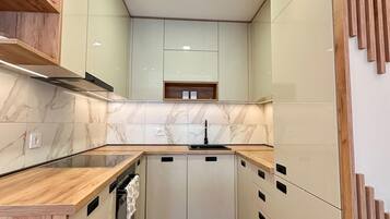 Deluxe Apartment | Private kitchen | Full-sized fridge, microwave, oven, stovetop