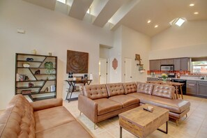 TV, fireplace, books