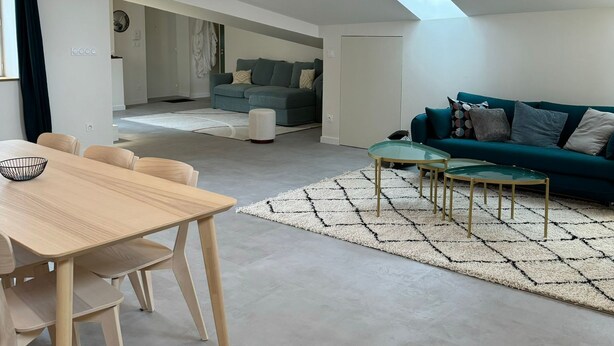 A modern living room with a wooden ceiling beam, a green sofa, a dining table with chairs, and a glass coffee table. - LYON Bellecour quiet area near fabric museum - ideal for families  (Lyon)