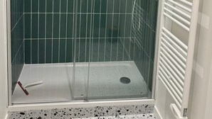 A shower area with a glass door, a white towel rack, and a showerhead. - LYON Bellecour quiet area near fabric museum - ideal for families  (Lyon)