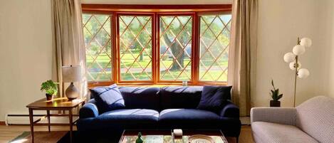 Smart TV, fireplace, books, offices