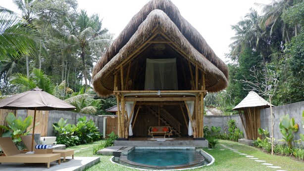 A thatched-roof structure with a pool and lounge area, surrounded by tropical vegetation. - Pitu A Punggul Village Escape (Abiansemal)
