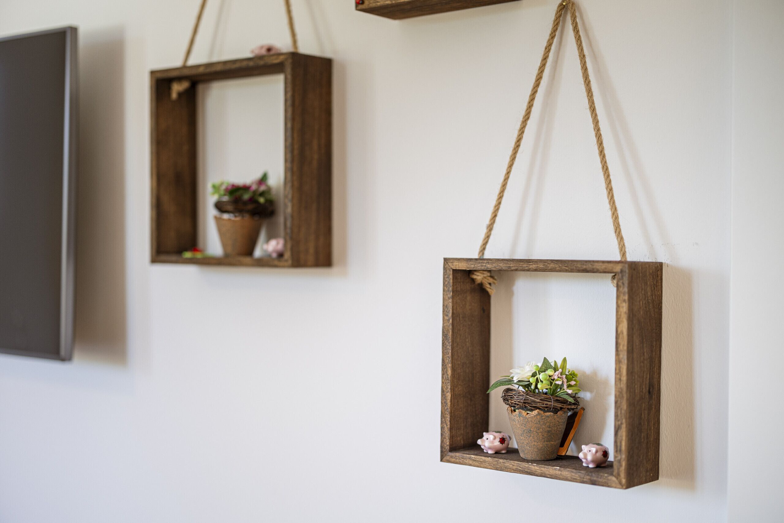Zwei hängende Holzregale mit Pflanzen und Schweinsparboxen vor einer weißen Wand.
