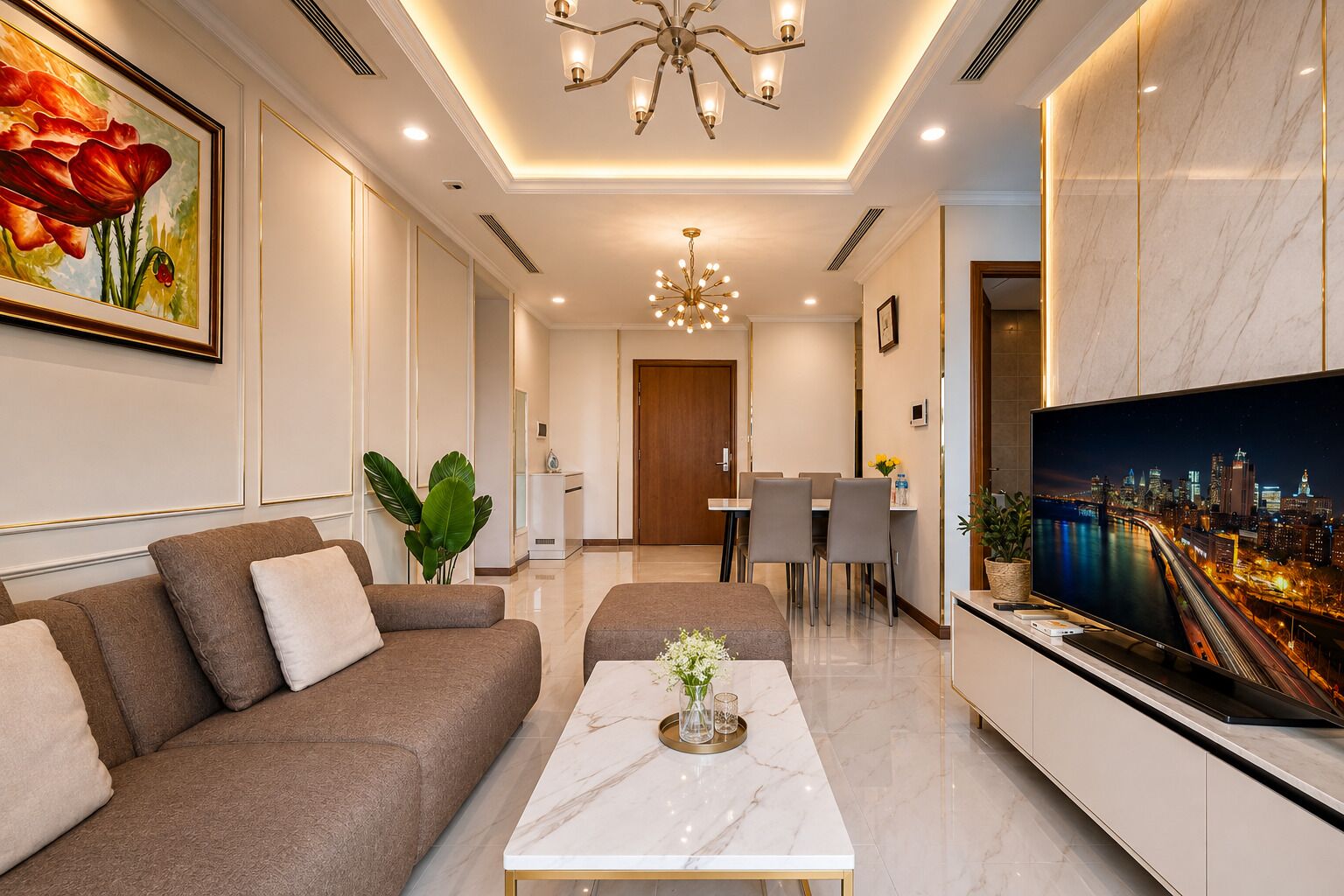 Un salon moderne avec un canapé, une table basse et un téléviseur diffusant une vue sur la ville.