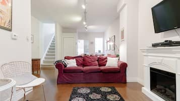 Smart TV, fireplace, books