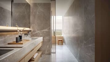 A modern bathroom with a large mirror, two sinks, and a view of the outdoors.