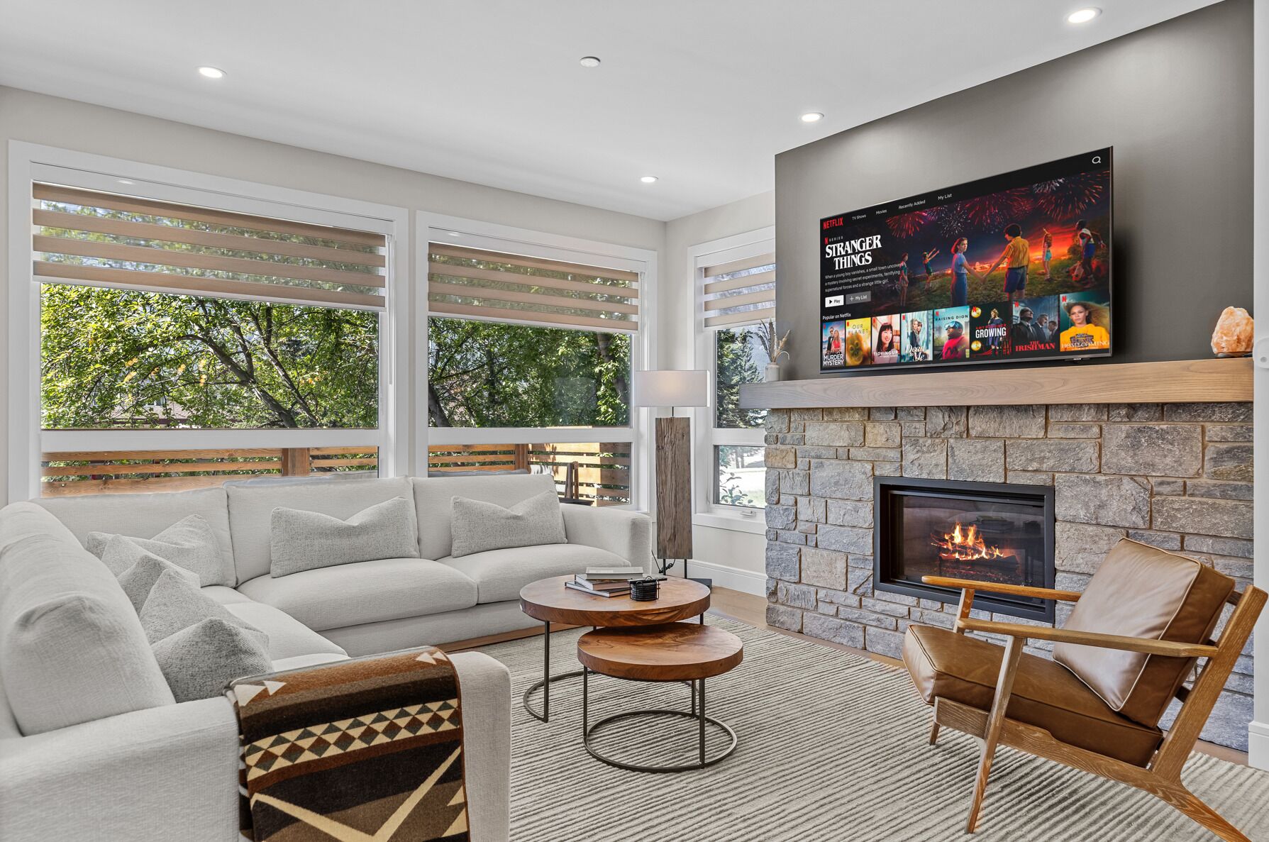 Smart TV, fireplace, foosball, books