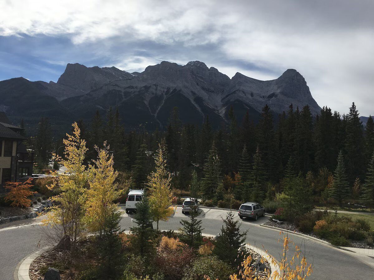 A parking area with vehicles, surrounded by trees and mountains in the background.