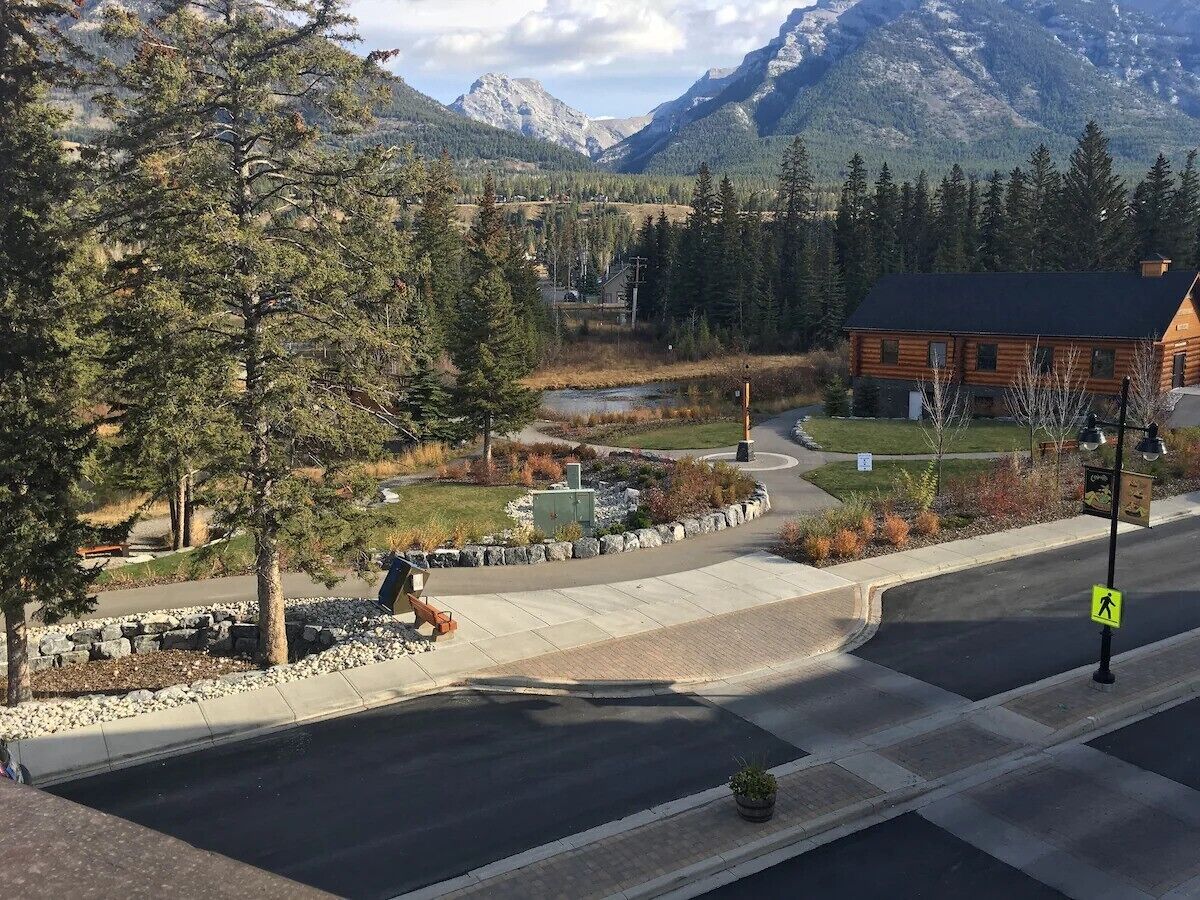 A mountain lodge with a paved driveway, a pedestrian crossing, and a view of the surrounding forest and mountains.