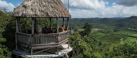 A wooden gazebo with a thatched roof overlooking a lush valley.