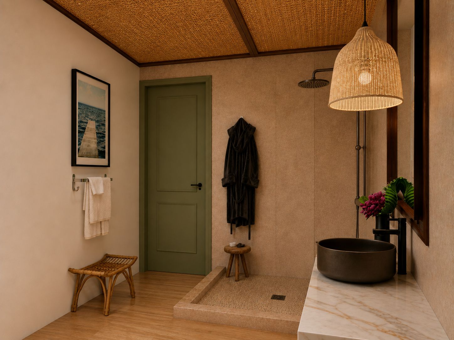 A bathroom with a green door, a wicker pendant light, a round sink, and a small stool.
