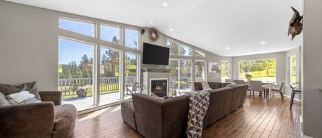 TV connectée, cheminée, livres, chaîne hi-fi