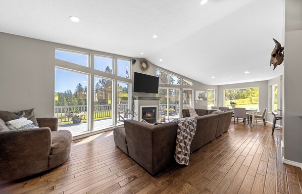 Smart TV, chimenea, libros y estéreo