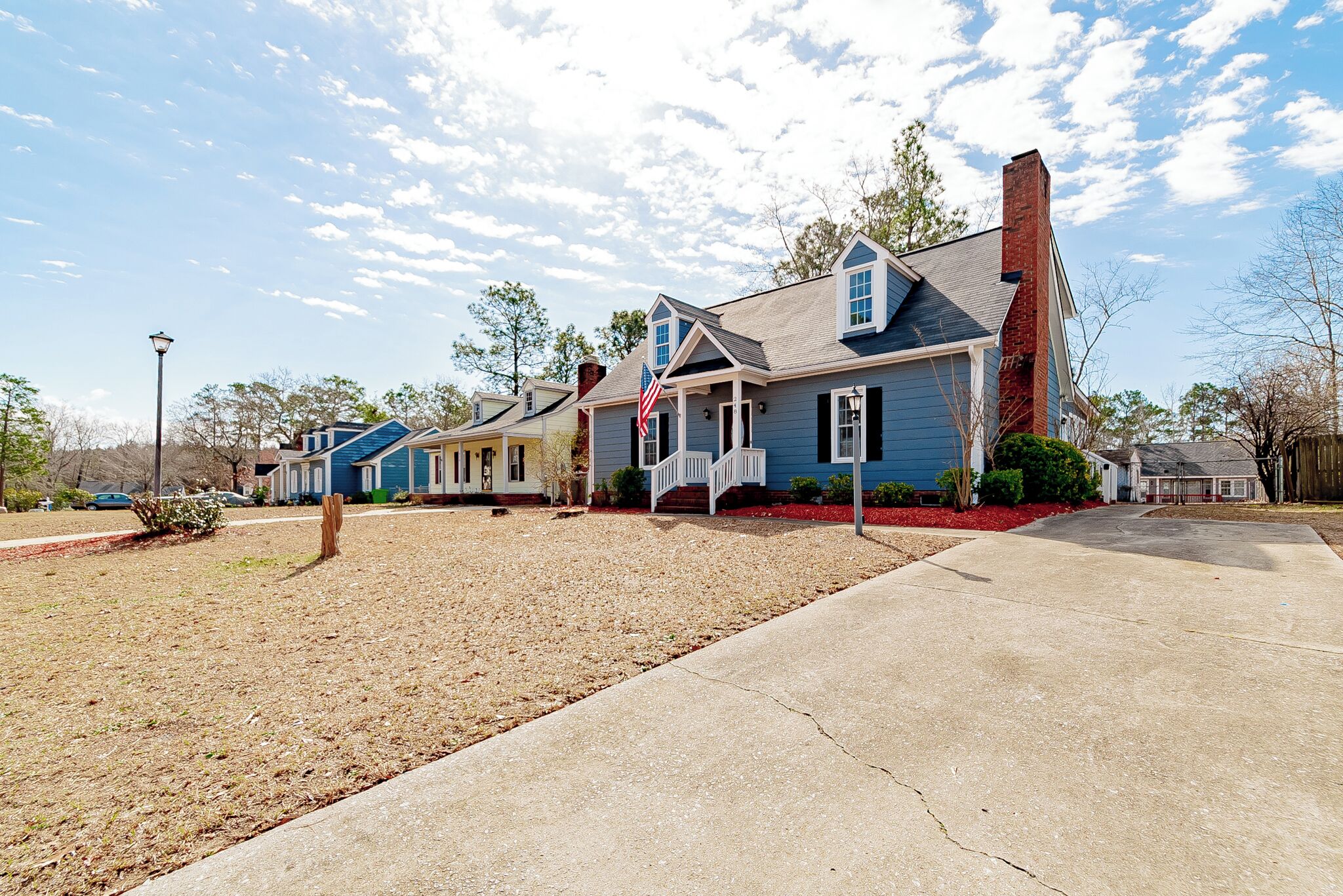 A row of single-family homes with a well-maintained lawn and a clear sky.