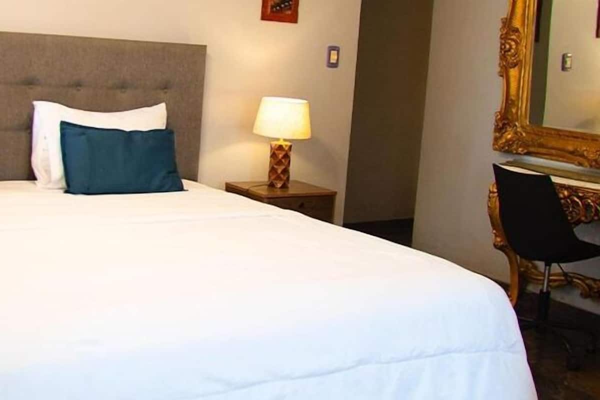 A hotel room with a large bed, two pillows, a nightstand with a lamp, a mirror, and a chair.