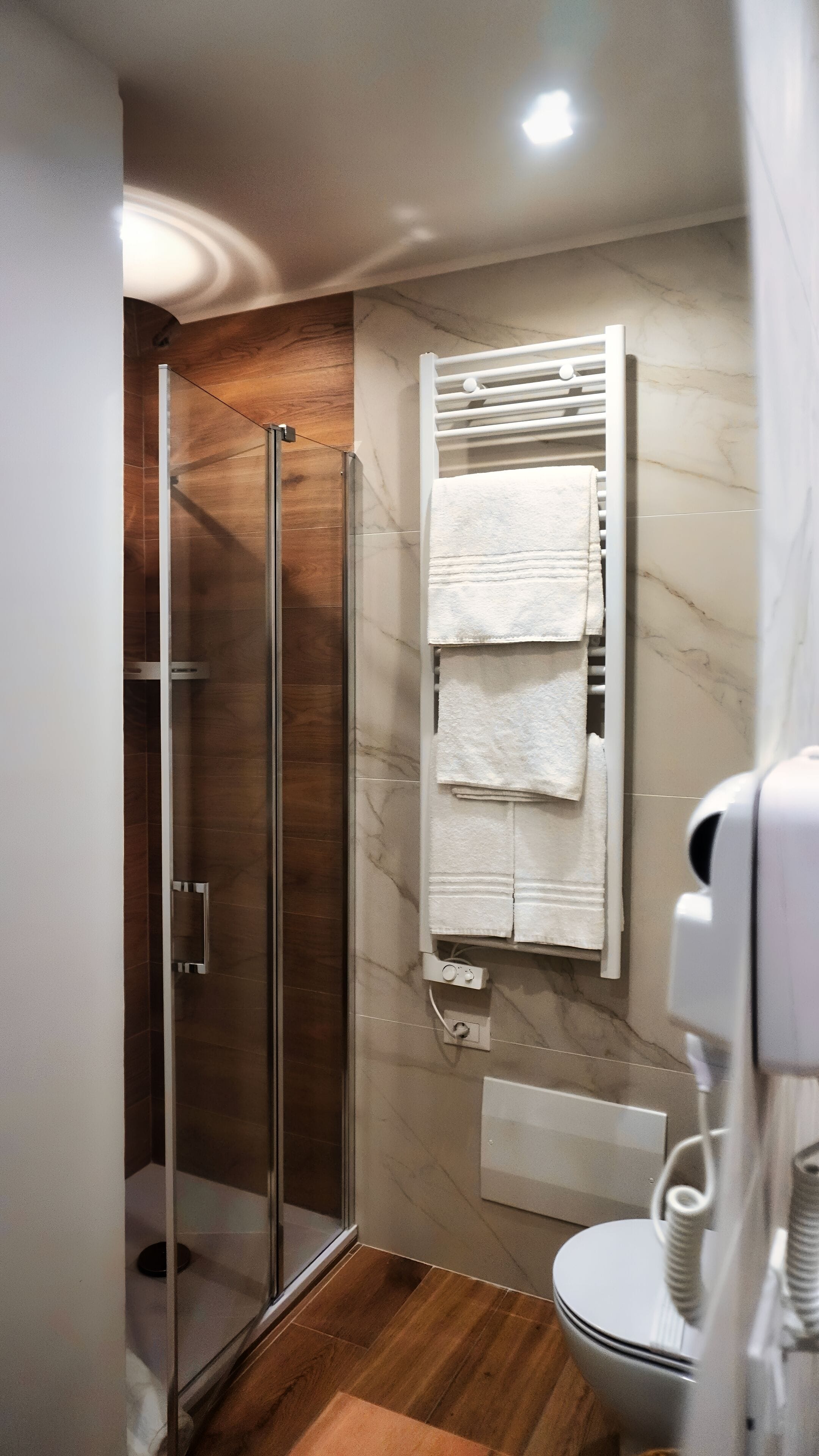 A modern bathroom with a glass shower enclosure, a white towel rack, and a hairdryer.