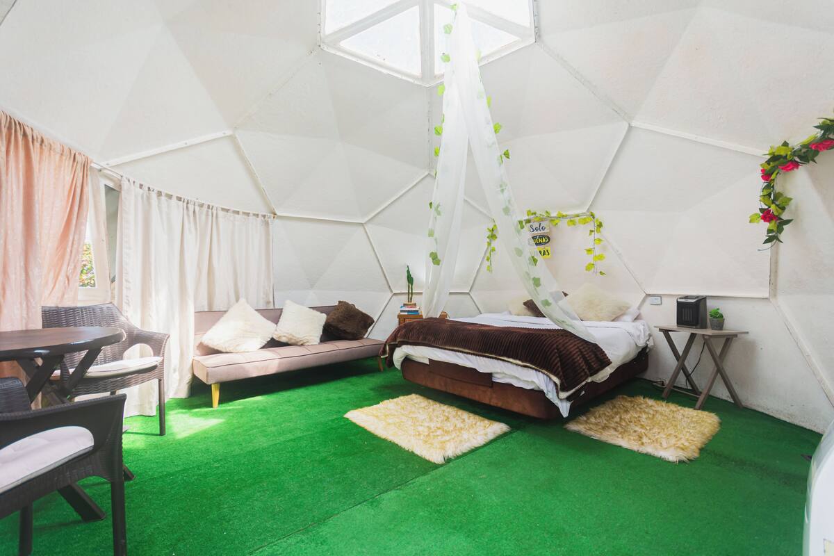 A room with a bed, a sofa, a table, and a chair.
