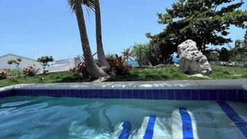 A swimming pool with blue and white tiles, surrounded by palm trees and a large rock.
