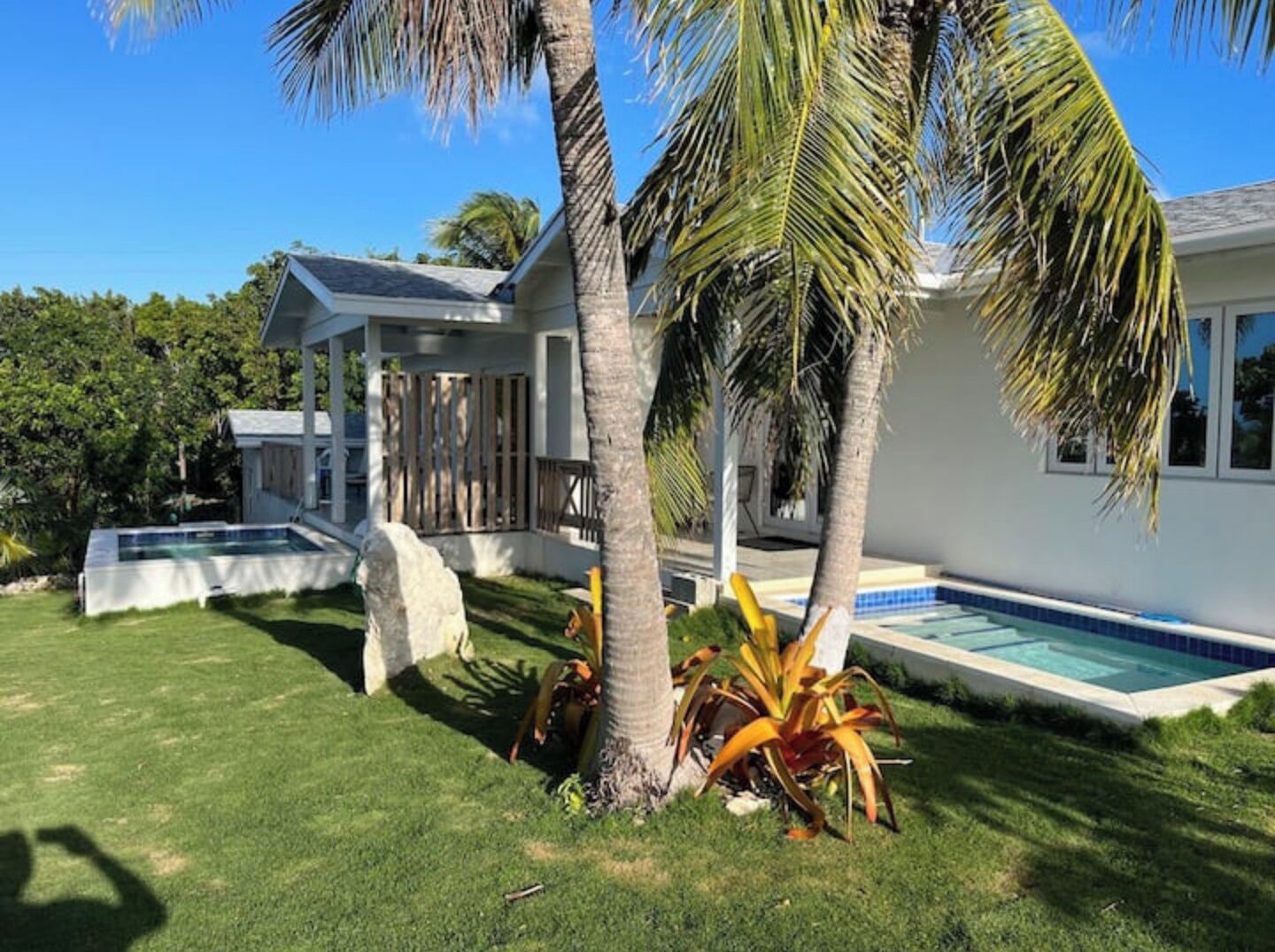 A house with a pool, palm trees, and a well-maintained lawn.