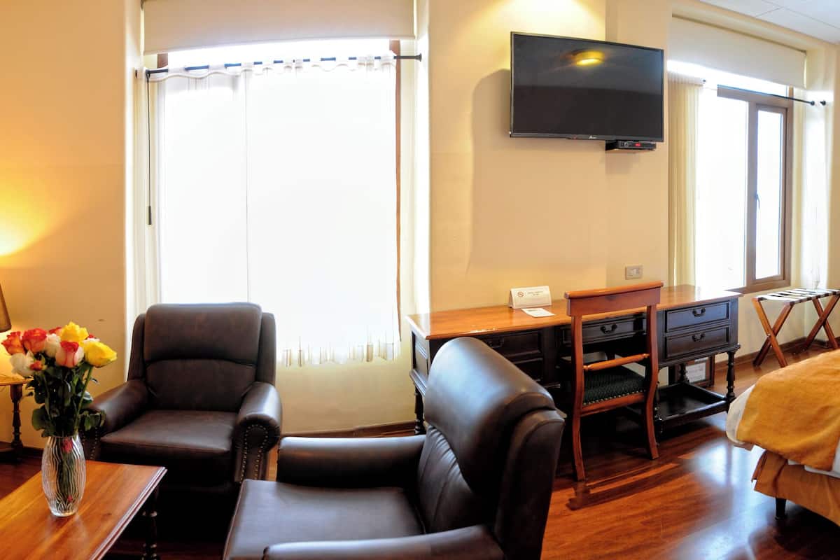 A hotel room with a bed, two armchairs, a desk, a TV, and a window with curtains.