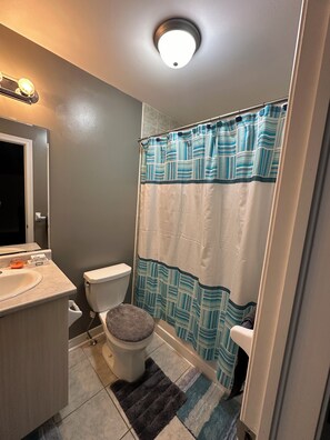 Hair dryer, towels, soap, shampoo