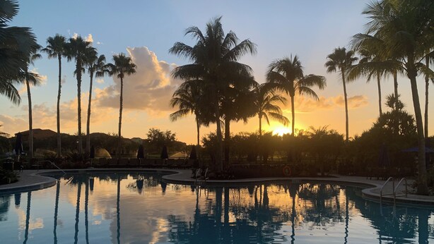 Une piscine entourée de palmiers, avec un coucher de soleil en arrière-plan.