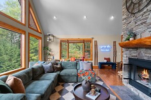 TV, fireplace, table football, books