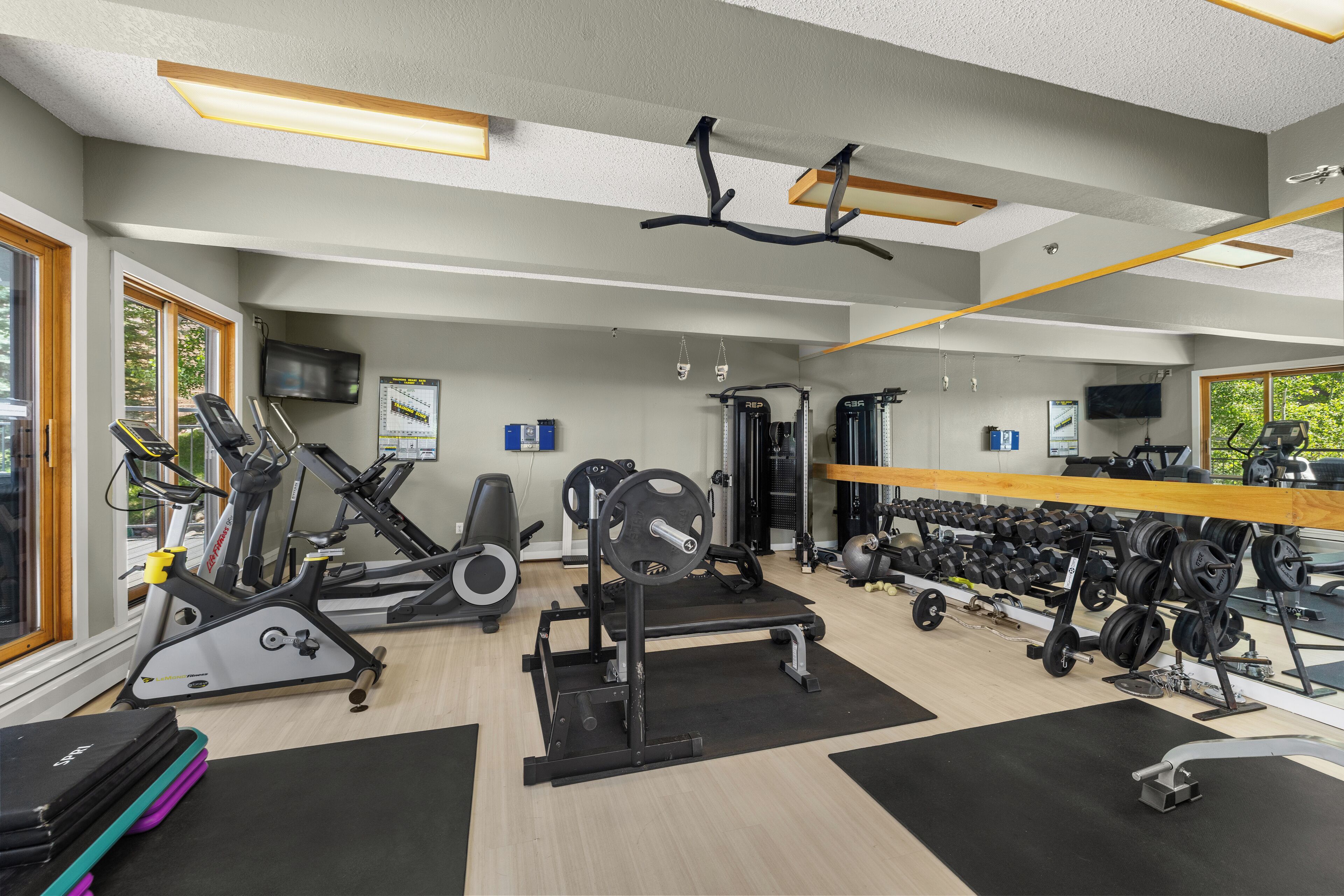 Une salle de sport équipée de machines d’exercice, de supports pour les poids et d’un téléviseur fixé au mur.