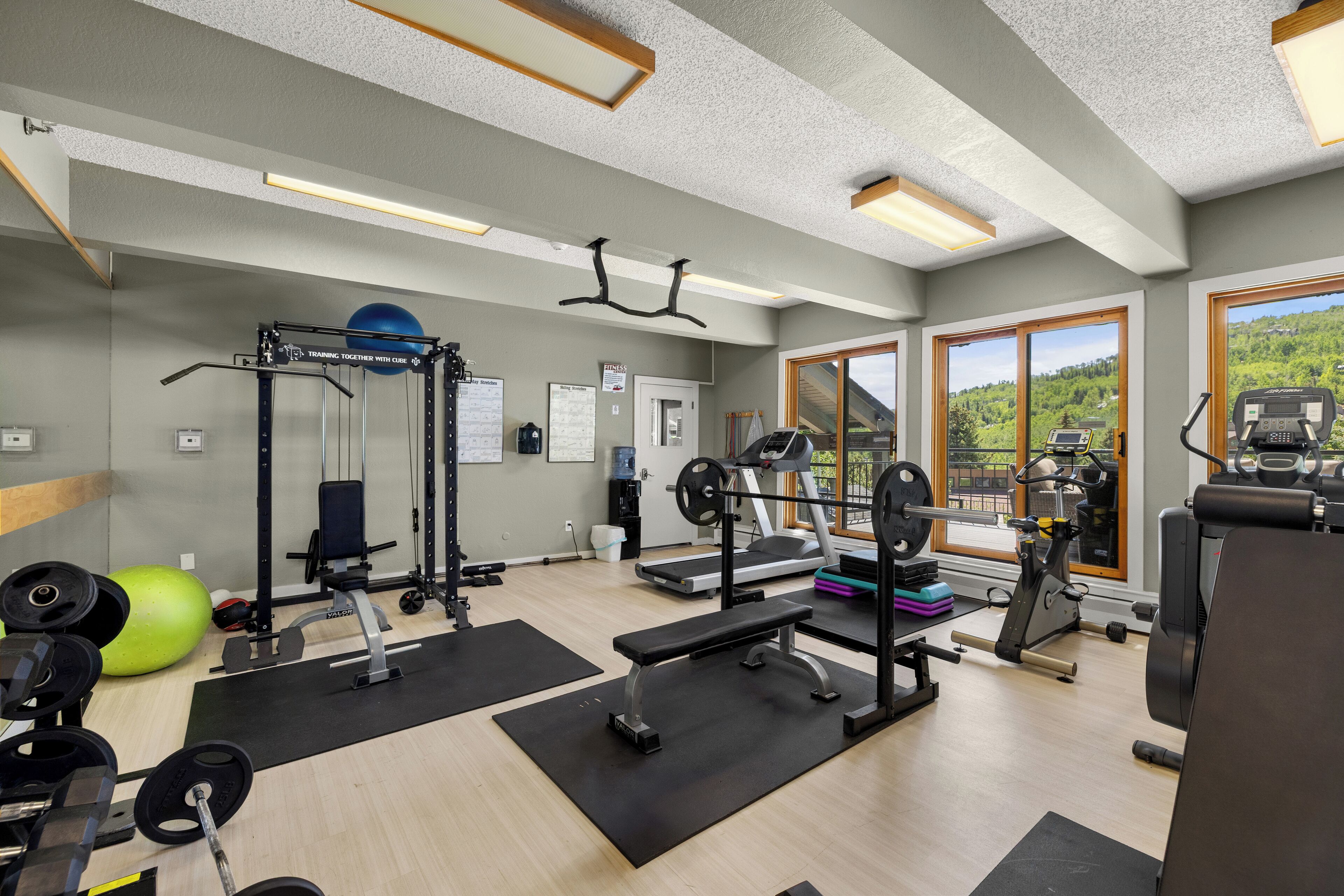 A gym with weightlifting equipment, exercise balls, and cardio machines.